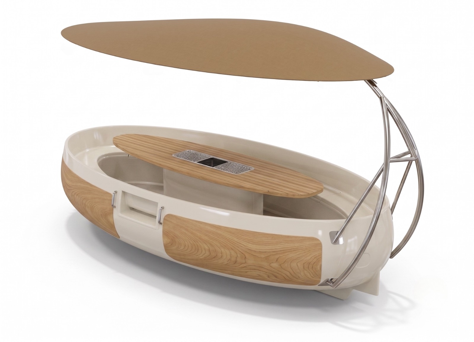 Vue éclatée du bateau Flow Gourmet : taud de protection, arche inox, plan de cuisson central, banquette, coque et coffres