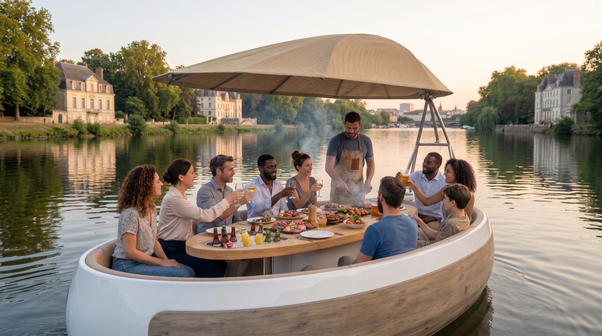 Convives attablés autour de la table qui cuisine, sur un canal au coucher du soleil